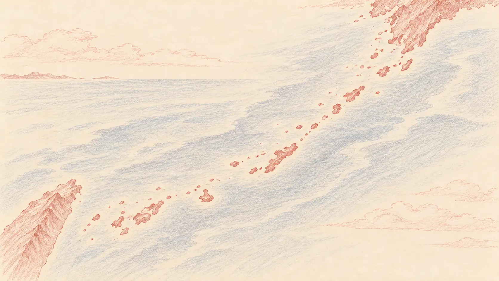 九州の南から台湾の近くまで続く琉球列島を描いたイラスト
