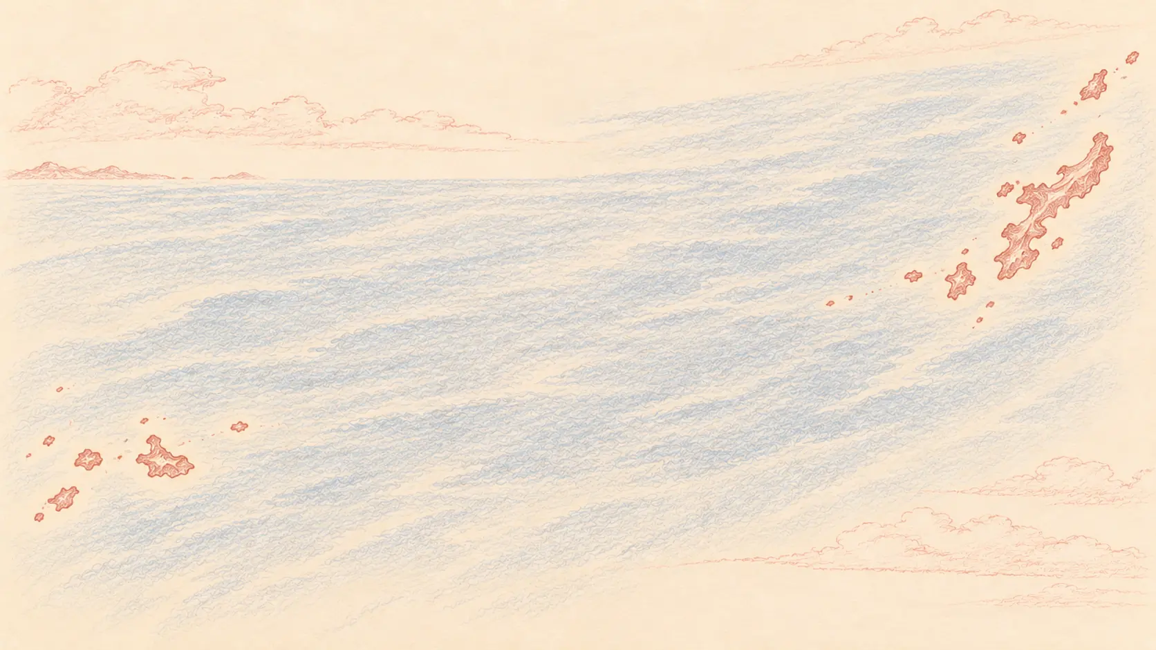 沖縄島と宮古島の間に広がる大きな海の隔たりを描いたイラスト