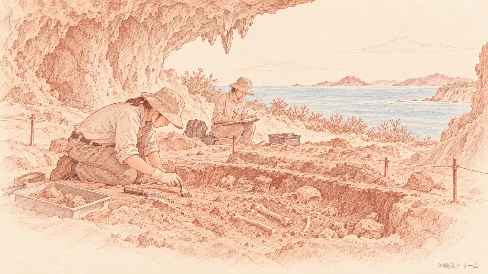 旧石器時代の人骨が残された場所を調べる発掘調査のイメージ。実際の遺跡の復元図ではありません。