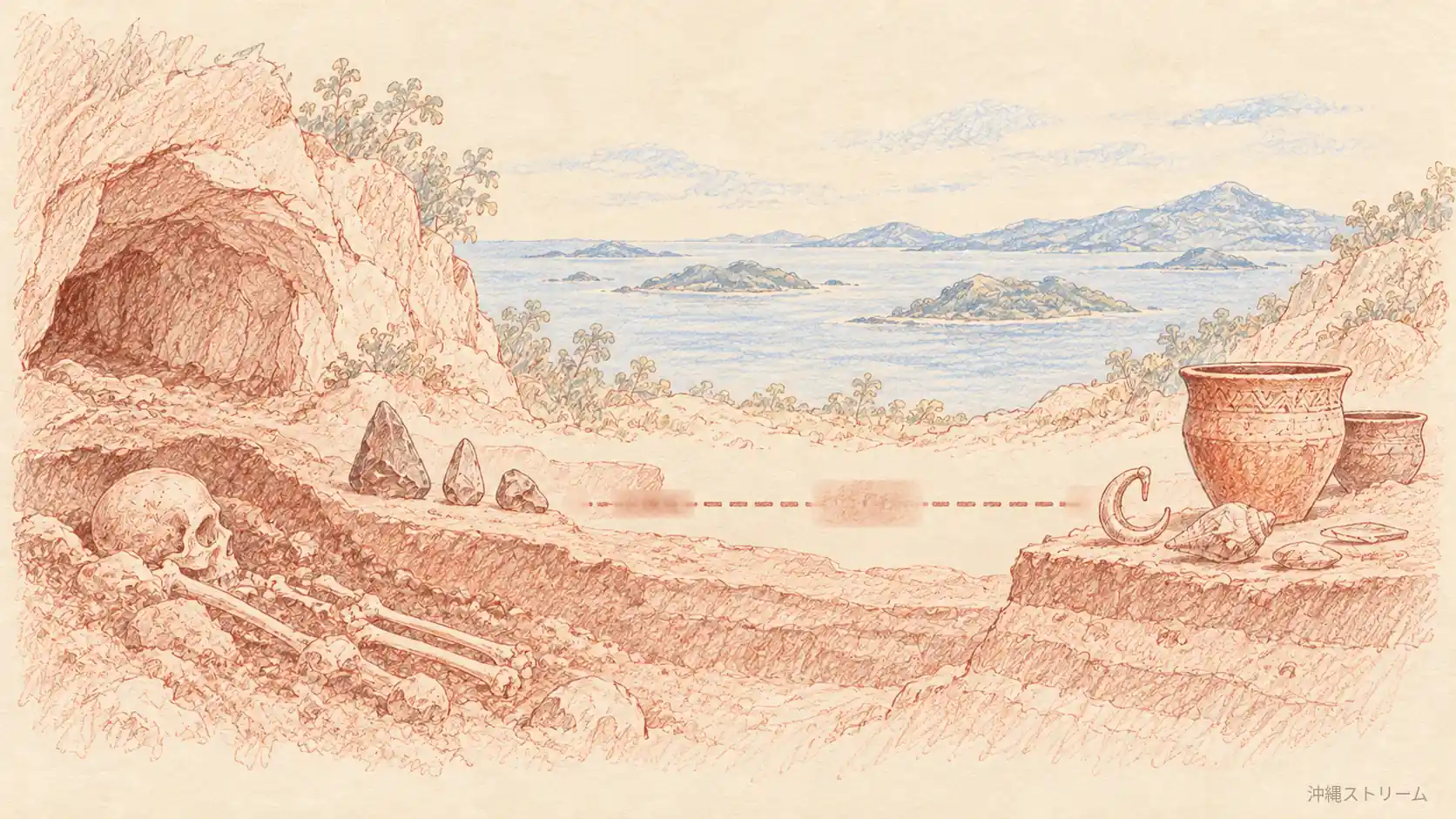 古い人骨と後の時代の土器を時間の流れに沿って表した概念イラスト。集団の連続性を証明する図ではありません。