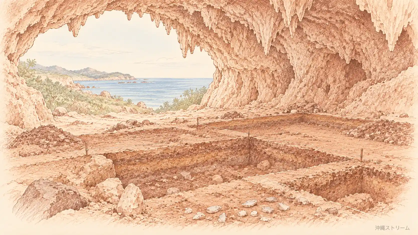 人のいない洞窟の発掘区画を描いた色鉛筆画。現実のサキタリ洞遺跡を正確に復元した図ではありません。