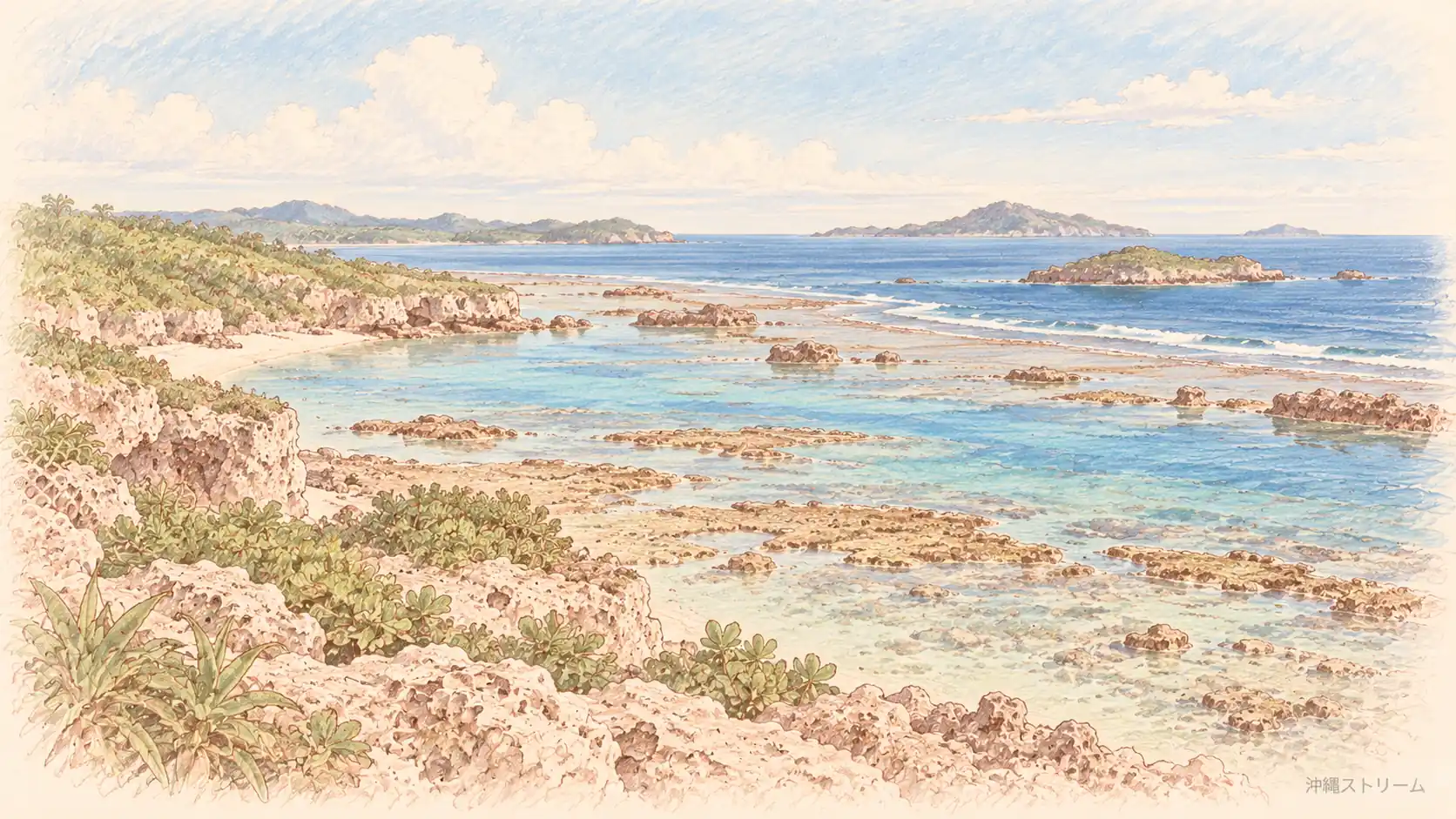 浅瀬やサンゴ礁の広がる海岸の色鉛筆画。特定の年代の海岸線を復元したものではありません。