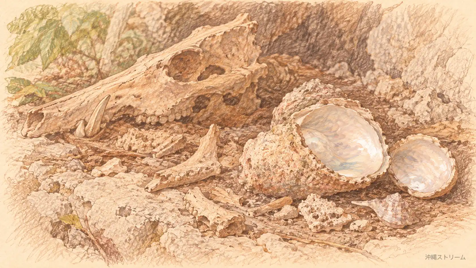イノシシの骨と巻き貝などを思わせる色鉛筆画。実際の遺物の種類・配置を復元したものではありません。